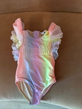 Shade Critters: Girls Rainbow 'Unicorn' One-Piece Swimsuit with Ruffle Sleeves